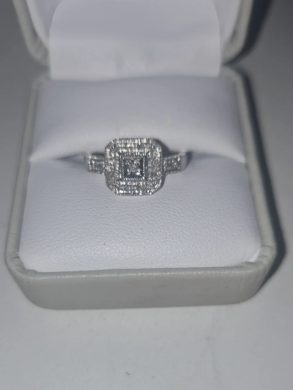 White Sterling Silver Square Halo Ring with Center Stone